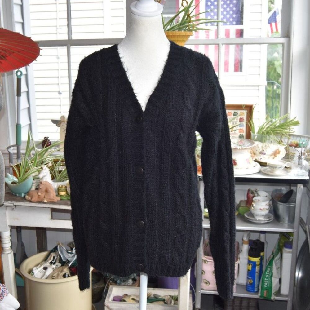 Vintage 80s Vanderbilt Black Cable Knit Cardigan Sweater Acrylic M Oversized